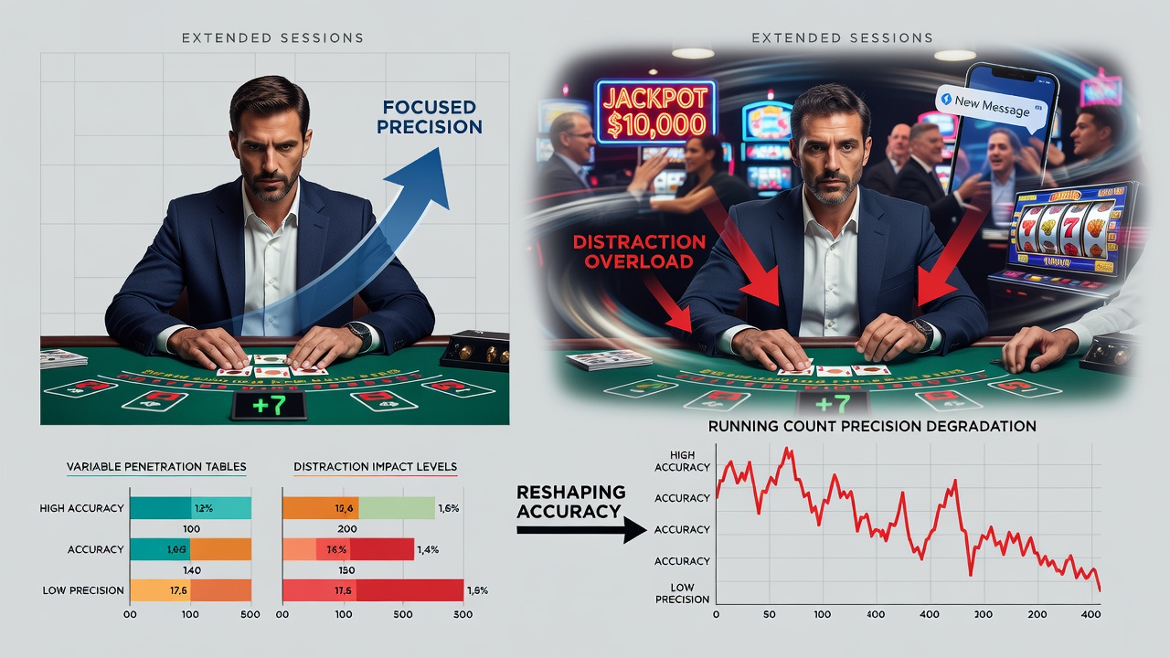 Darstellung von Blackjack-Tischen mit variabler Penetration und potenziellen Ablenkungsfaktoren in einer Casino-Umgebung