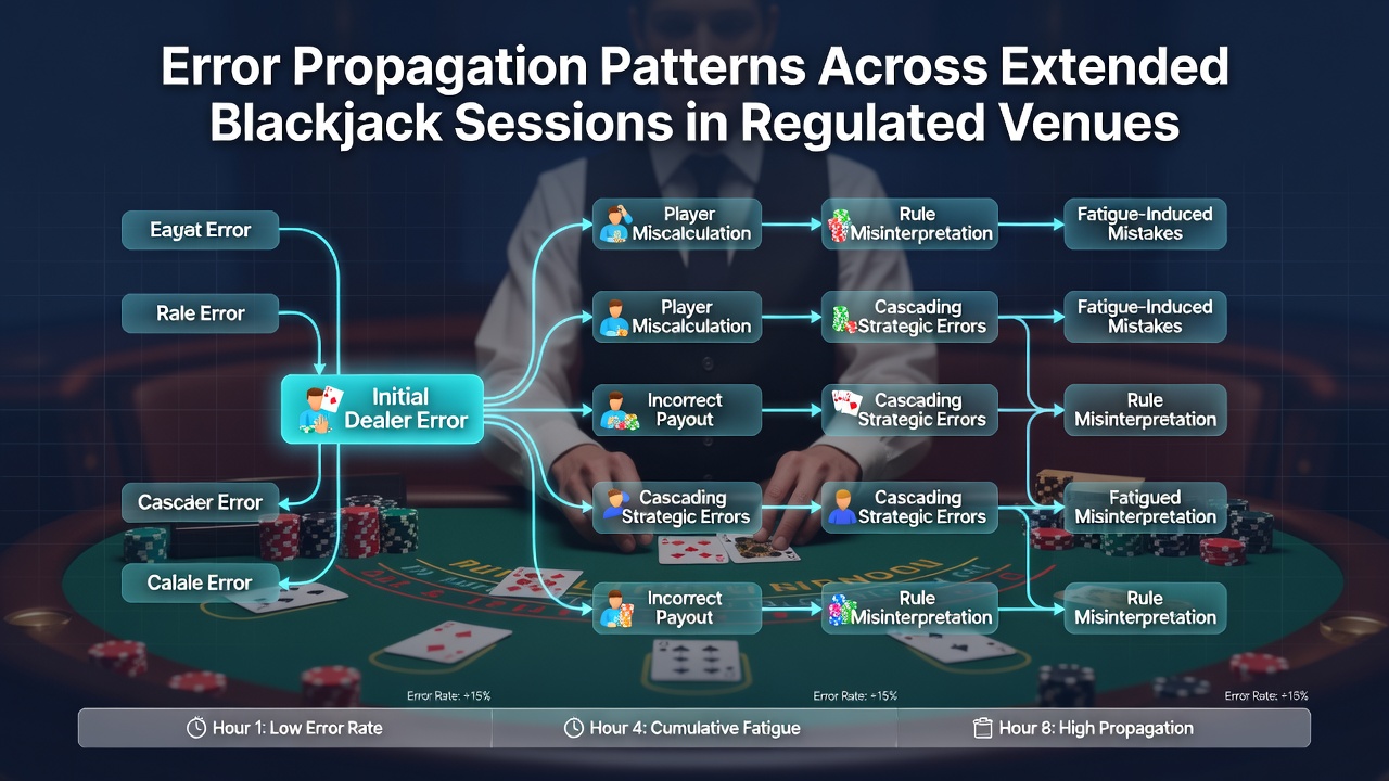 Blackjack-Tisch in einem regulierten Casino mit Karten und Chips während einer langen Sitzung