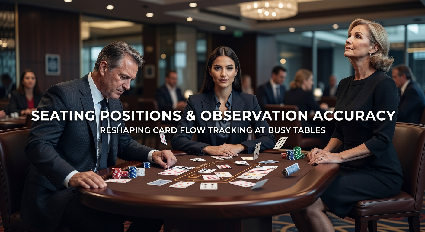 Darstellung verschiedener Sitzpositionen an einem Blackjack-Tisch mit Fokus auf Blickwinkel und Sichtlinien
