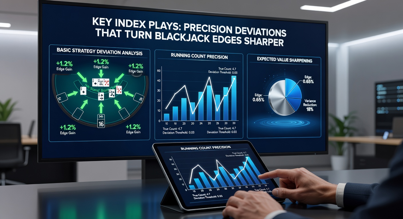 Darstellung eines Blackjack-Tisches mit hervorgehobenen Karten und Strategie-Notizen, die Index Plays illustrieren