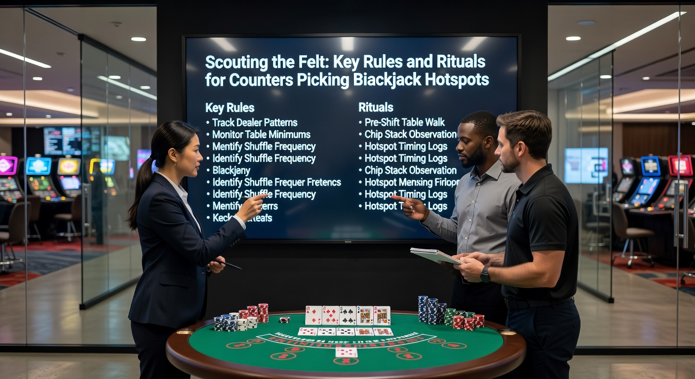 Ein Card Counter im Schatten eines Blackjack-Tisches, der das Deck zählt, während der Dealer mischt und andere Spieler setzen
