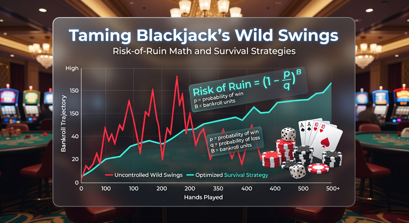 Grafik zur Darstellung von Bankroll-Schwankungen im Blackjack, mit Kurven die extreme Höhen und Tiefen zeigen