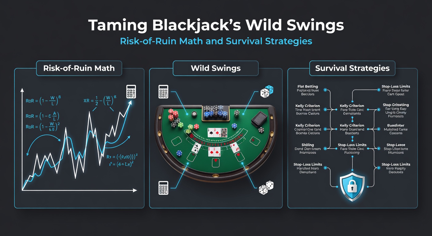 Diagramm zur Kelly-Kriterium-Anwendung im Blackjack, illustrierend optimale Bet-Größen und RoR-Kurven
