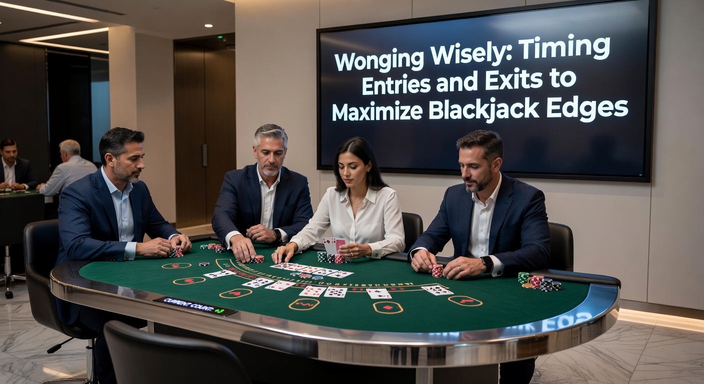 Gruppe von Spielern am Blackjack-Tisch, die den Count beobachten und einen Ausstieg planen, mit Fokus auf Strategie und Diskretion